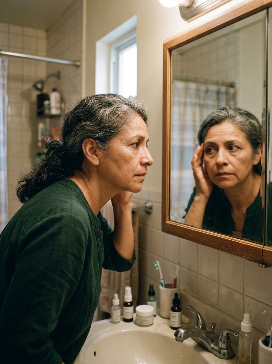Mujer observando su piel en el espejo