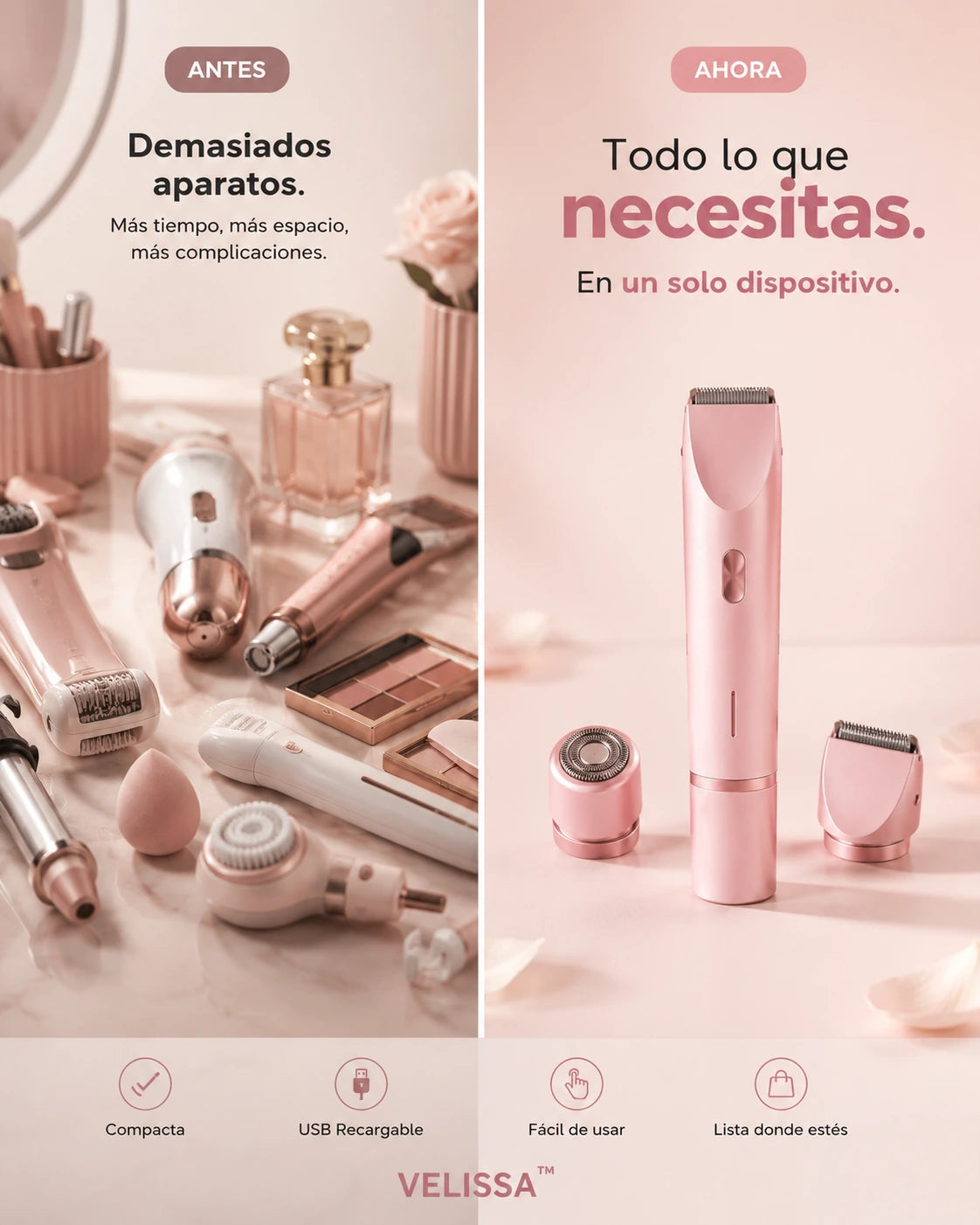 Antes: demasiados aparatos — Ahora: todo lo que necesitas en un solo dispositivo VELISSA™