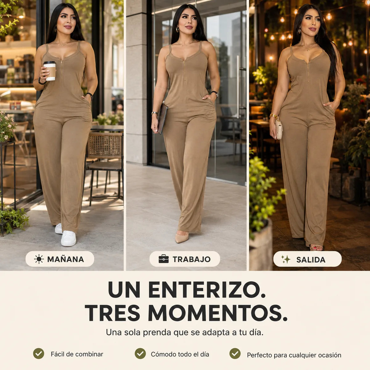 Un enterizo, tres momentos: mañana, trabajo y salida